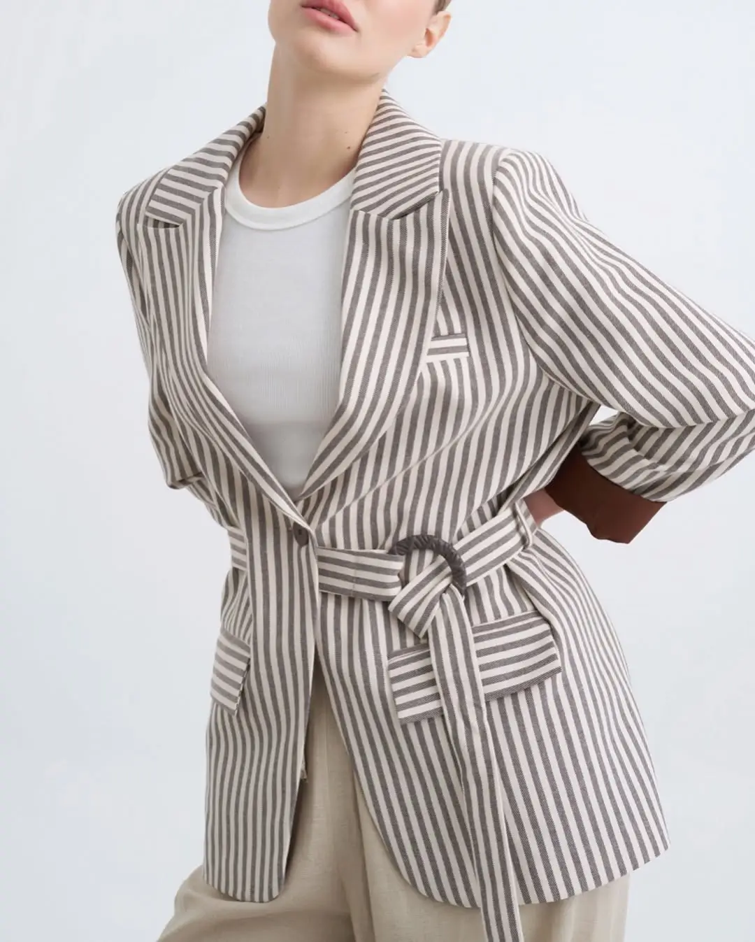 casual summer blazer outfits 2026 Striped Wrap Blazer With Soft Neutral Layering