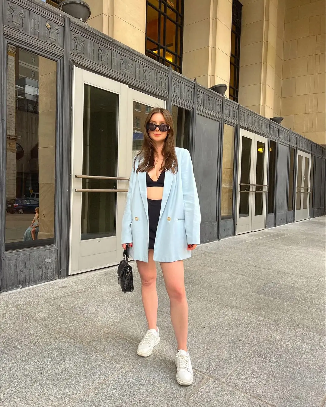 casual summer blazer outfits 2026 Soft Blue Blazer With Sporty Minimal Layers