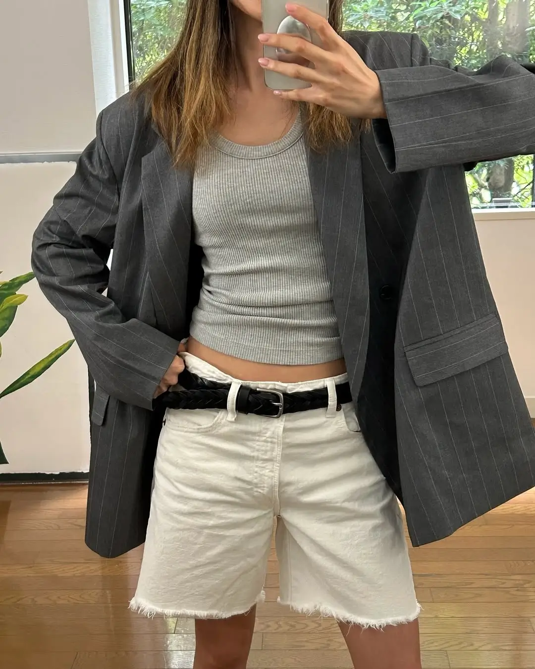 casual summer blazer outfits 2026 Pinstripe Blazer With Casual Shorts And Minimal Layers