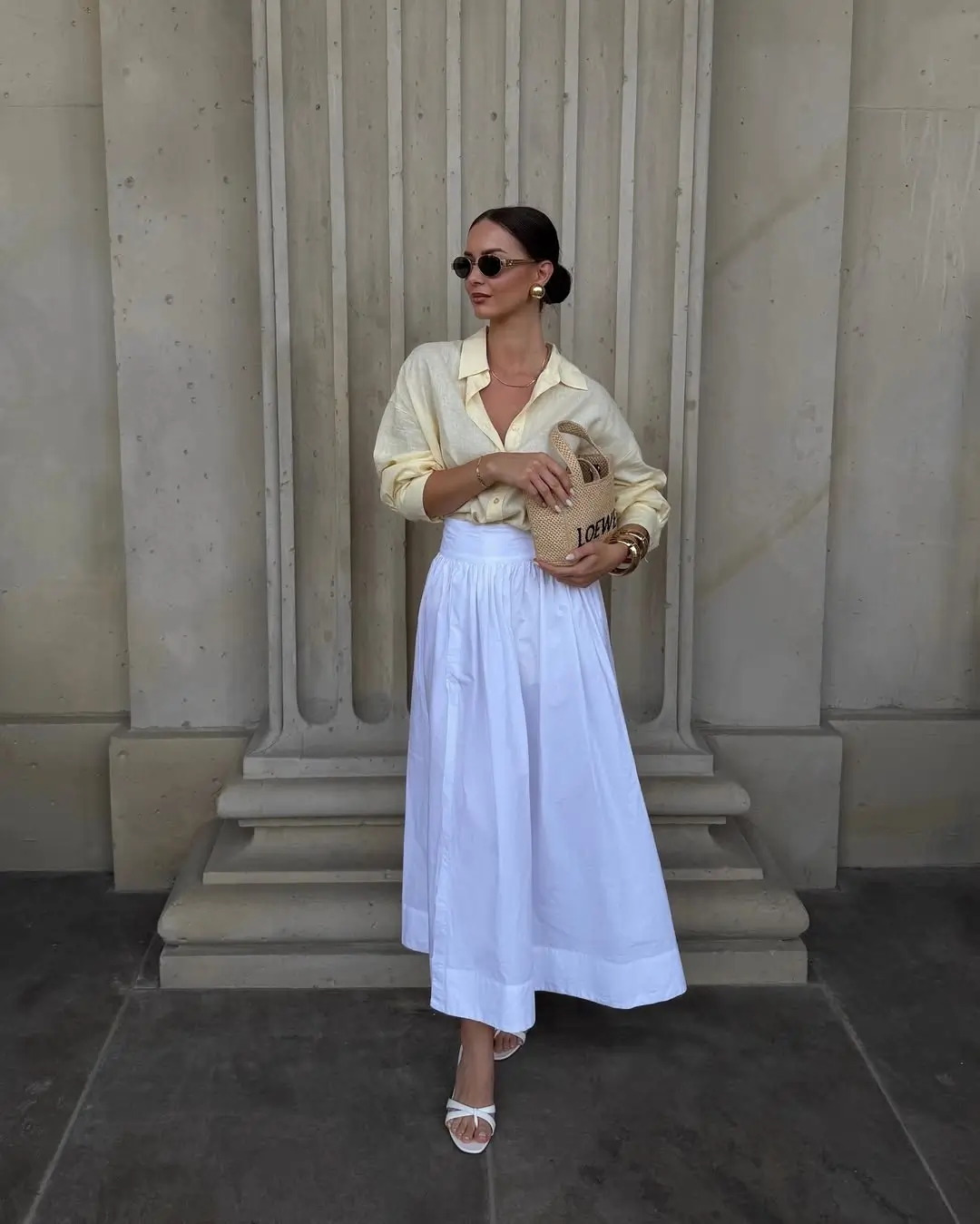 Summer Soft Yellow Shirt and White Skirt Outfit