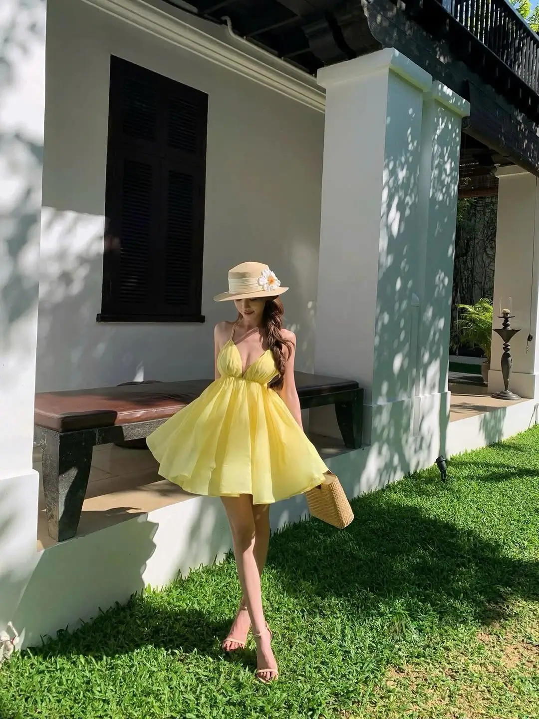 Summer Playful Yellow Mini Dress Outfit