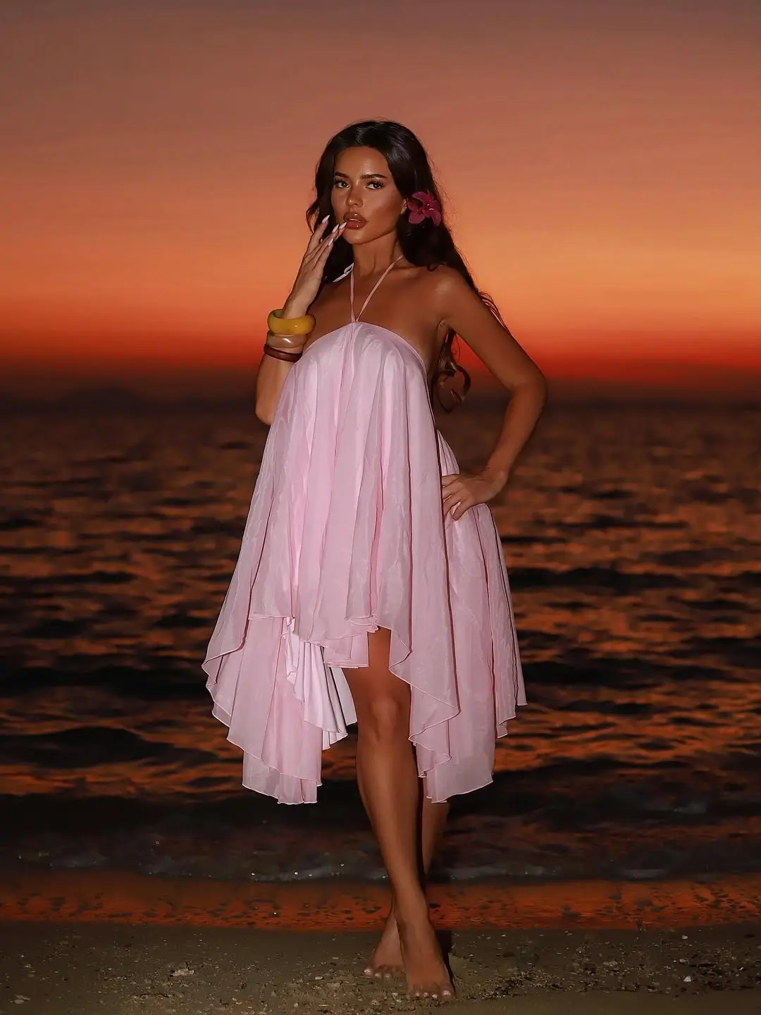 Summer Soft Pink Flowy Dress Sunset Outfit