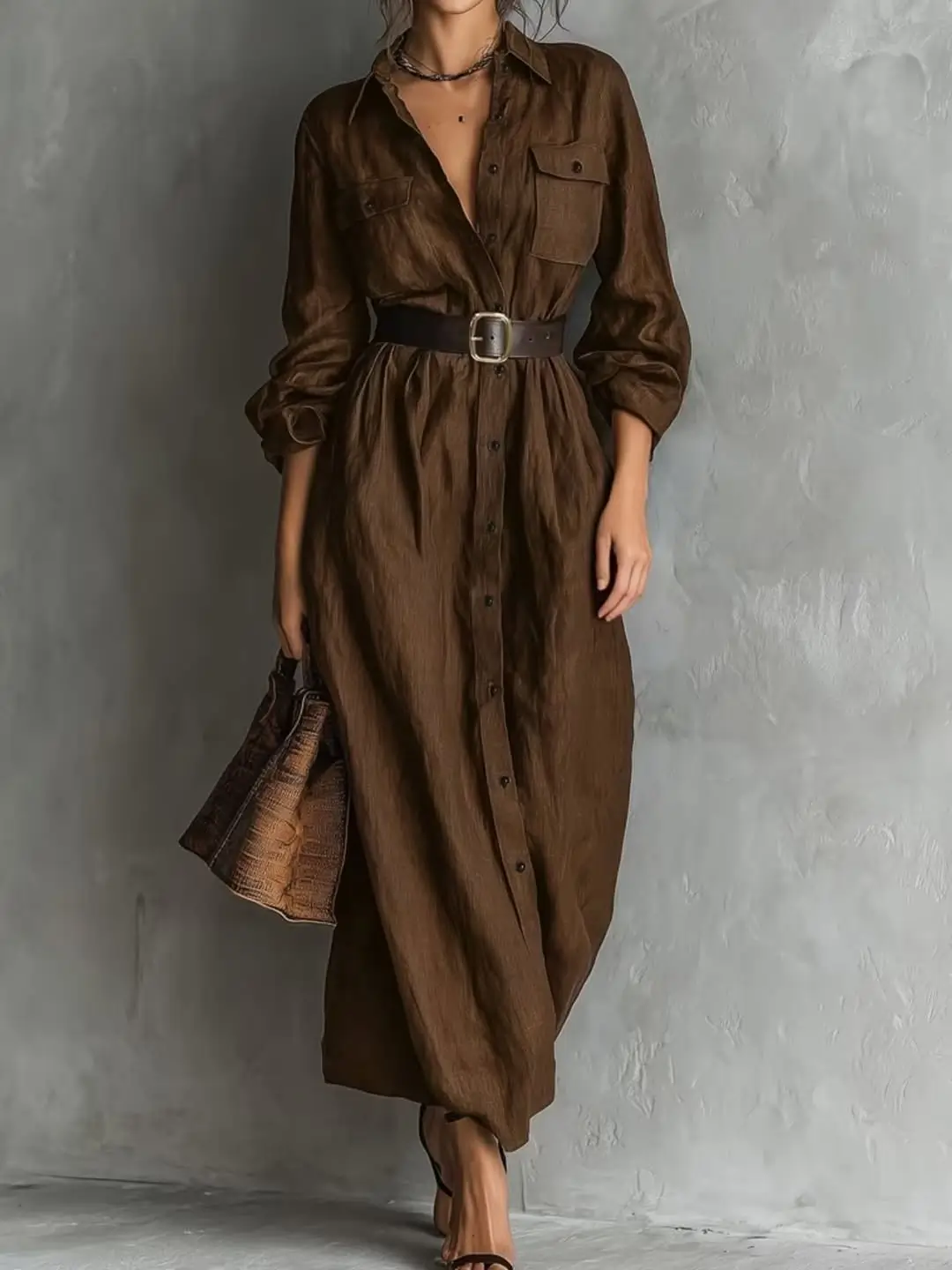 Outfits 2026 Earth-tone shirt dress with timeless structure