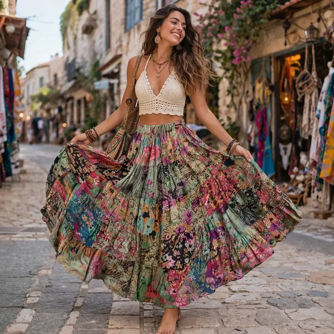 21 cute boho summer outfits 2026 Colorful Patchwork Skirts That Bring Bohemian Energy To Life