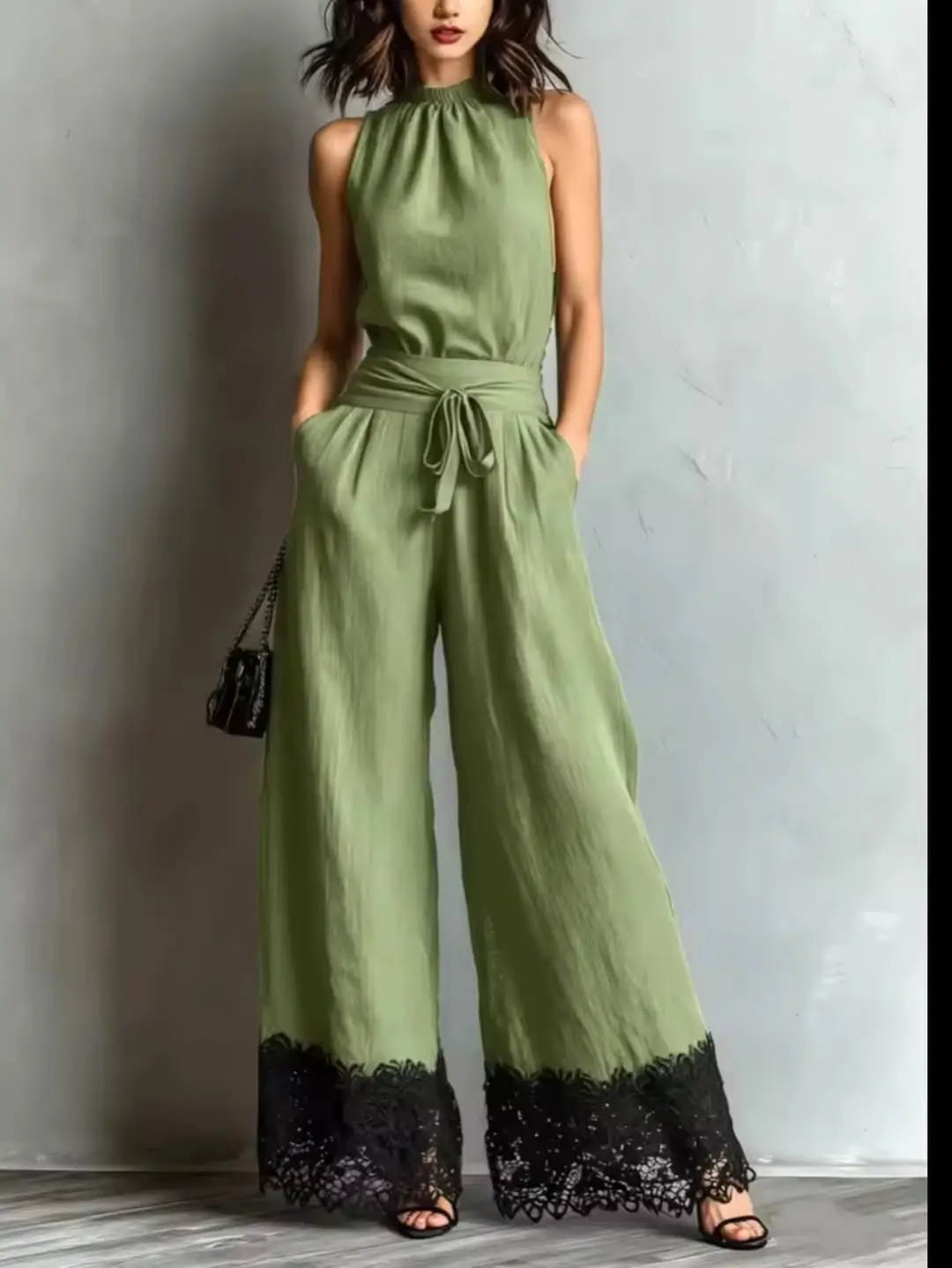 23 dressy summer jumpsuit outfits 2026 Soft Green Fluidity With Unexpected Lace Detail