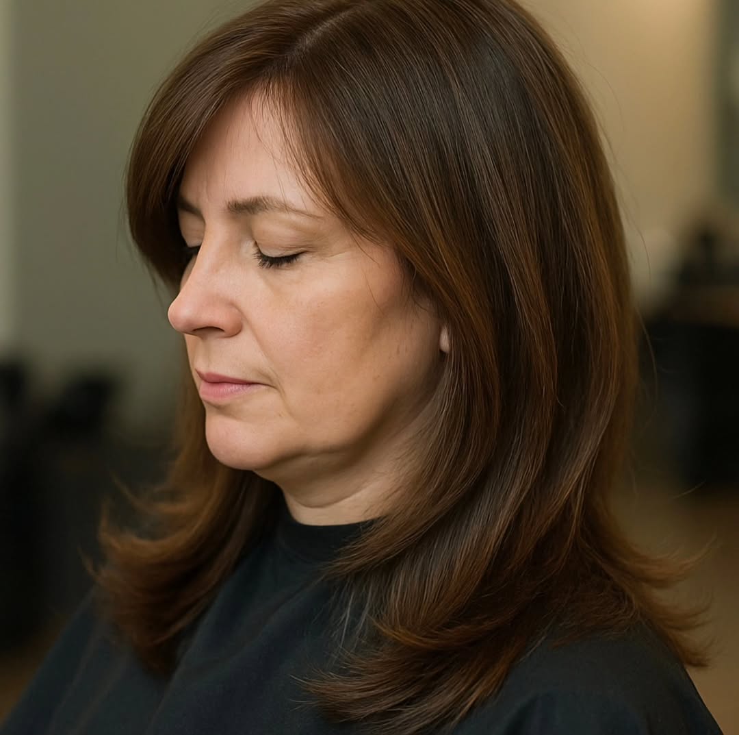 elegant summer haircuts for women over 50 2026 Long Layered Blowout with Side Sweep