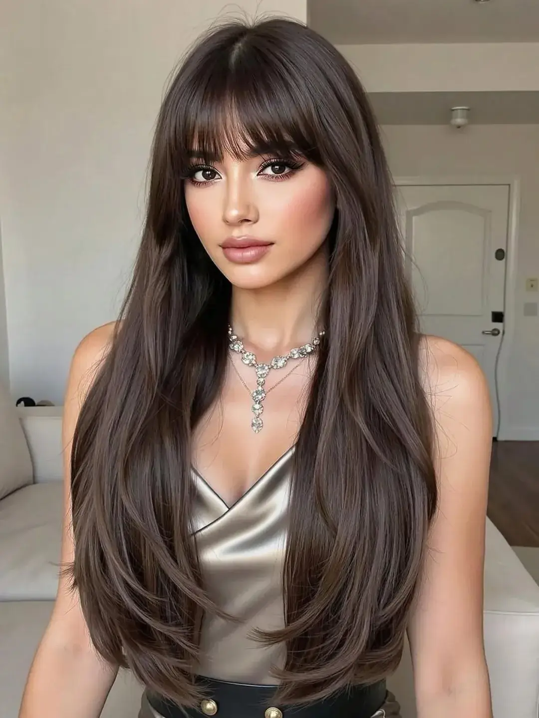 face framing summer haircuts for long hair 2026 Soft Brunette Layers with Airy Front Bangs