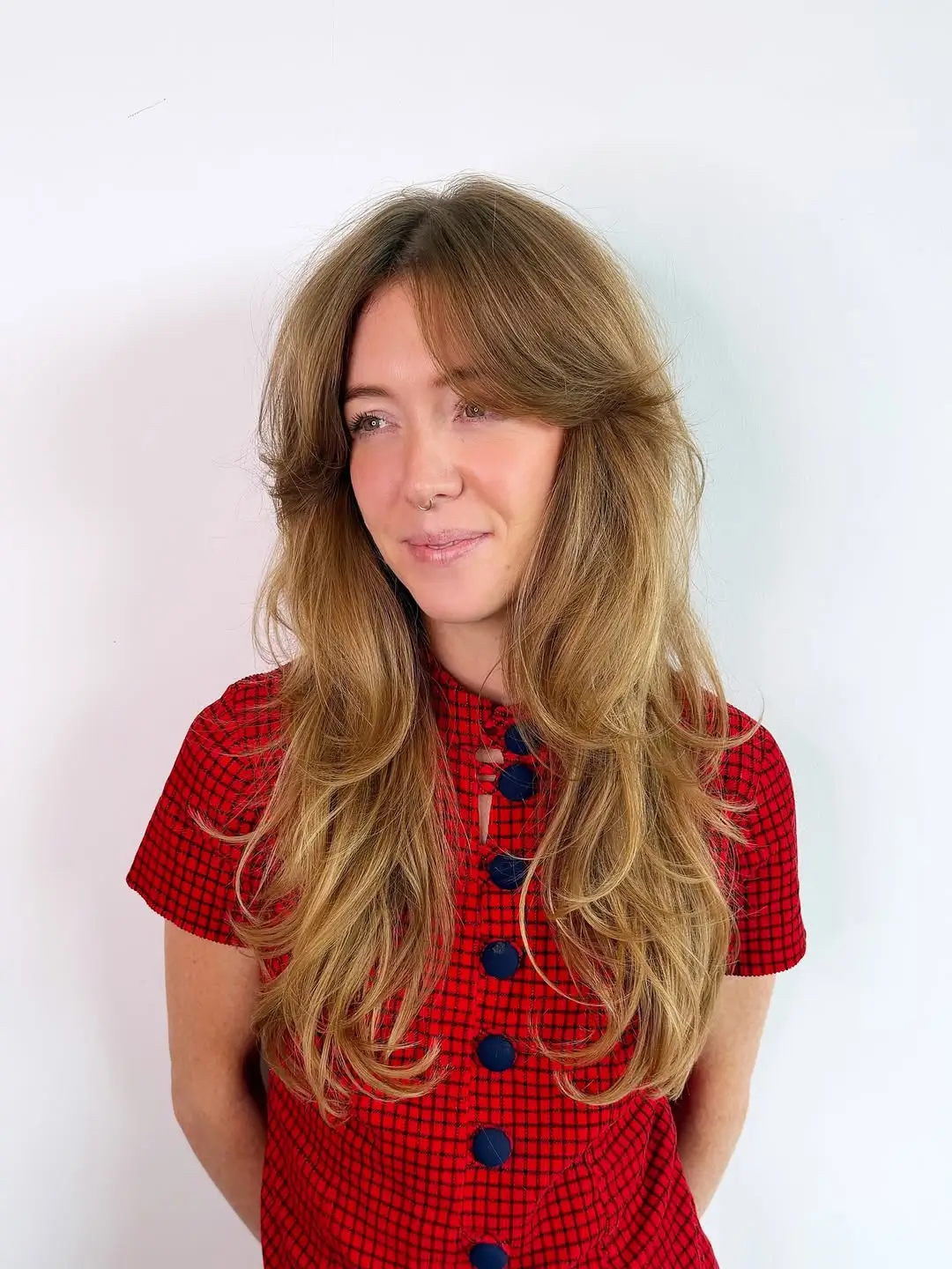 face framing summer haircuts for long hair 2026 Golden Layered Blowout with Curtain Bang Flow