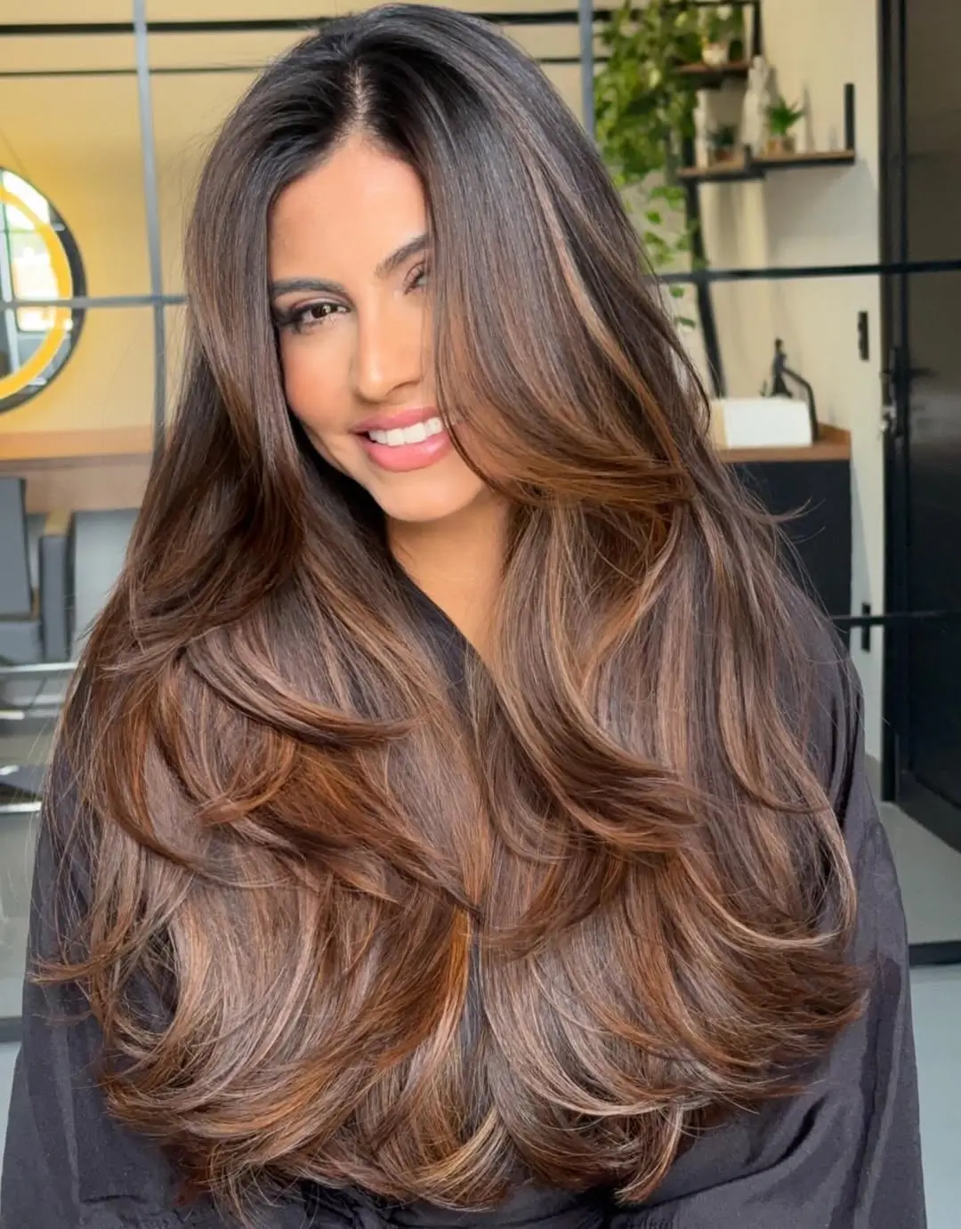 face framing summer haircuts for long hair 2026 Rich Espresso Butterfly Layers with Bold Volume