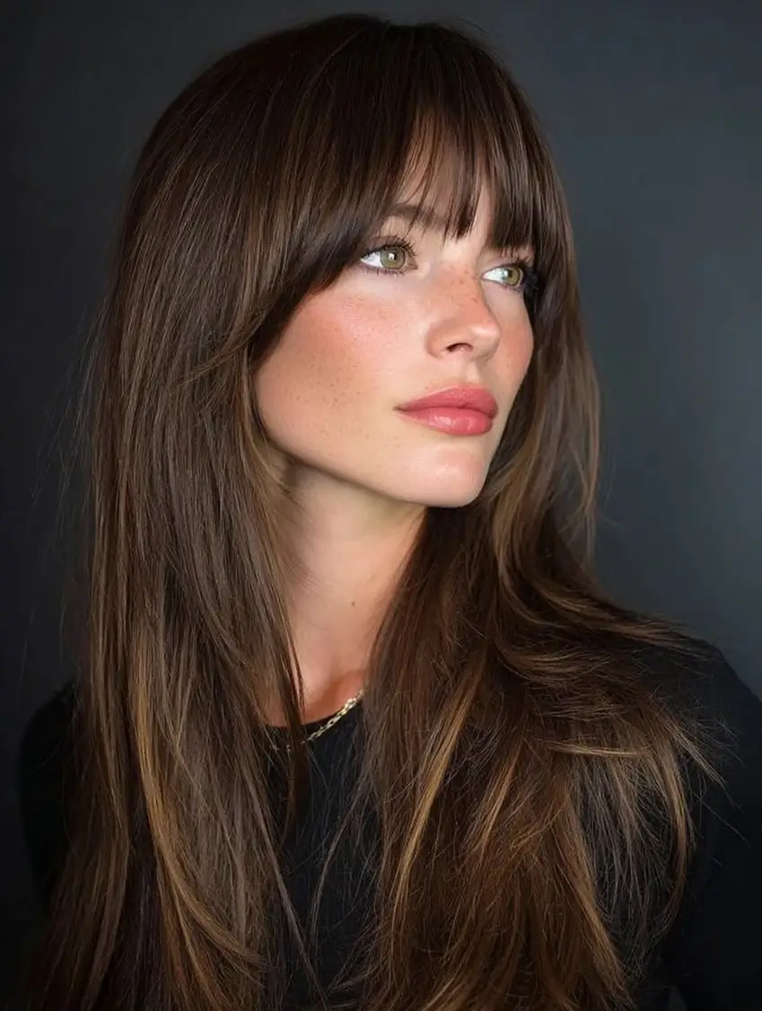 face framing summer haircuts for long hair 2026 Soft Brunette Layers with Wispy Fringe Detail