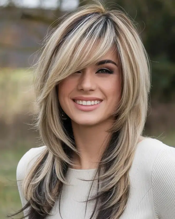 face framing summer haircuts for long hair 2026 Layered Blonde with Side-Swept Curtain Bang Energy