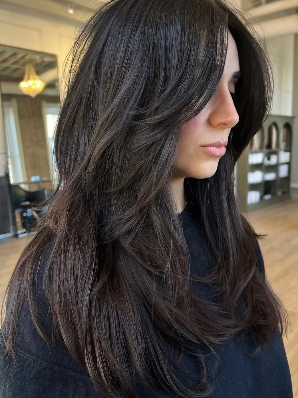face framing summer haircuts for long hair 2026 Deep Brunette Layers with Subtle Choppy Texture