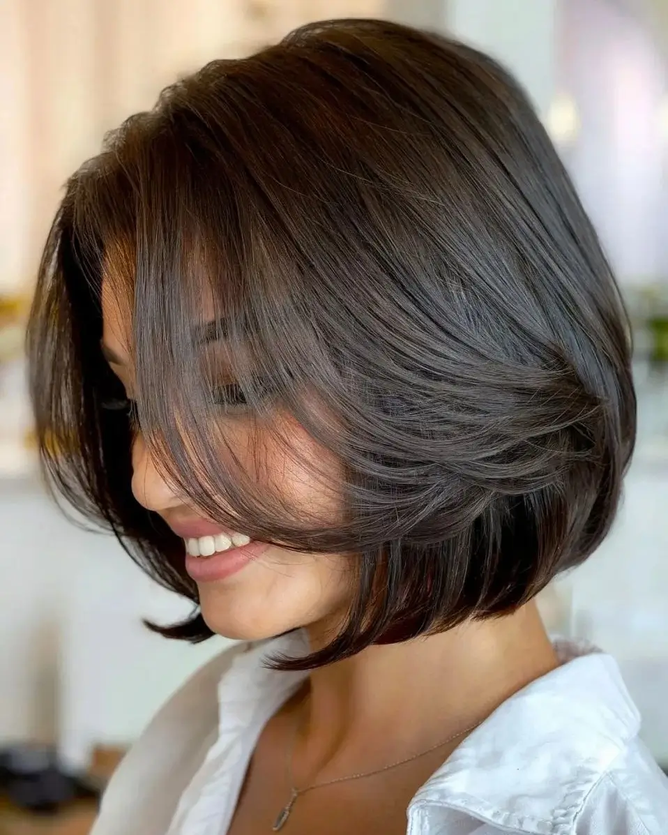 face-slimming-summer-haircut-for-round-face-2026 sleek-rounded-bob-with-tucked-volume