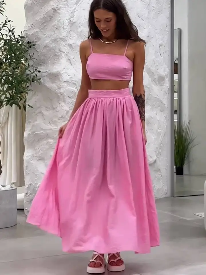 21 flowy summer skirt outfits 2026 Playful Pink Maxi Skirt With A Matching Crop Top