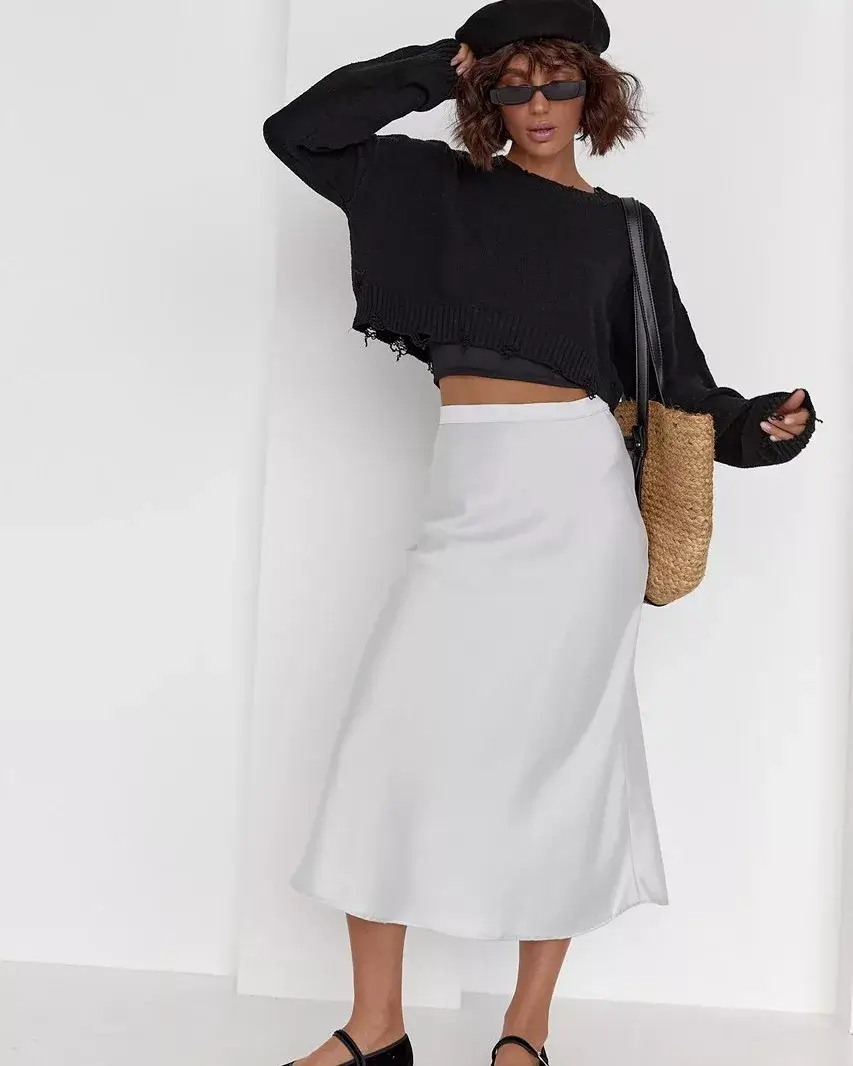 21 flowy summer skirt outfits 2026 Light White Long Skirt With Relaxed Black Knit