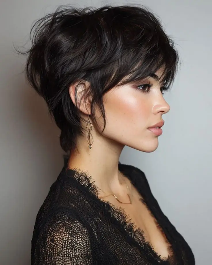 fresh summer haircut 2026 Soft Textured Brunette Pixie With Fringe Detail