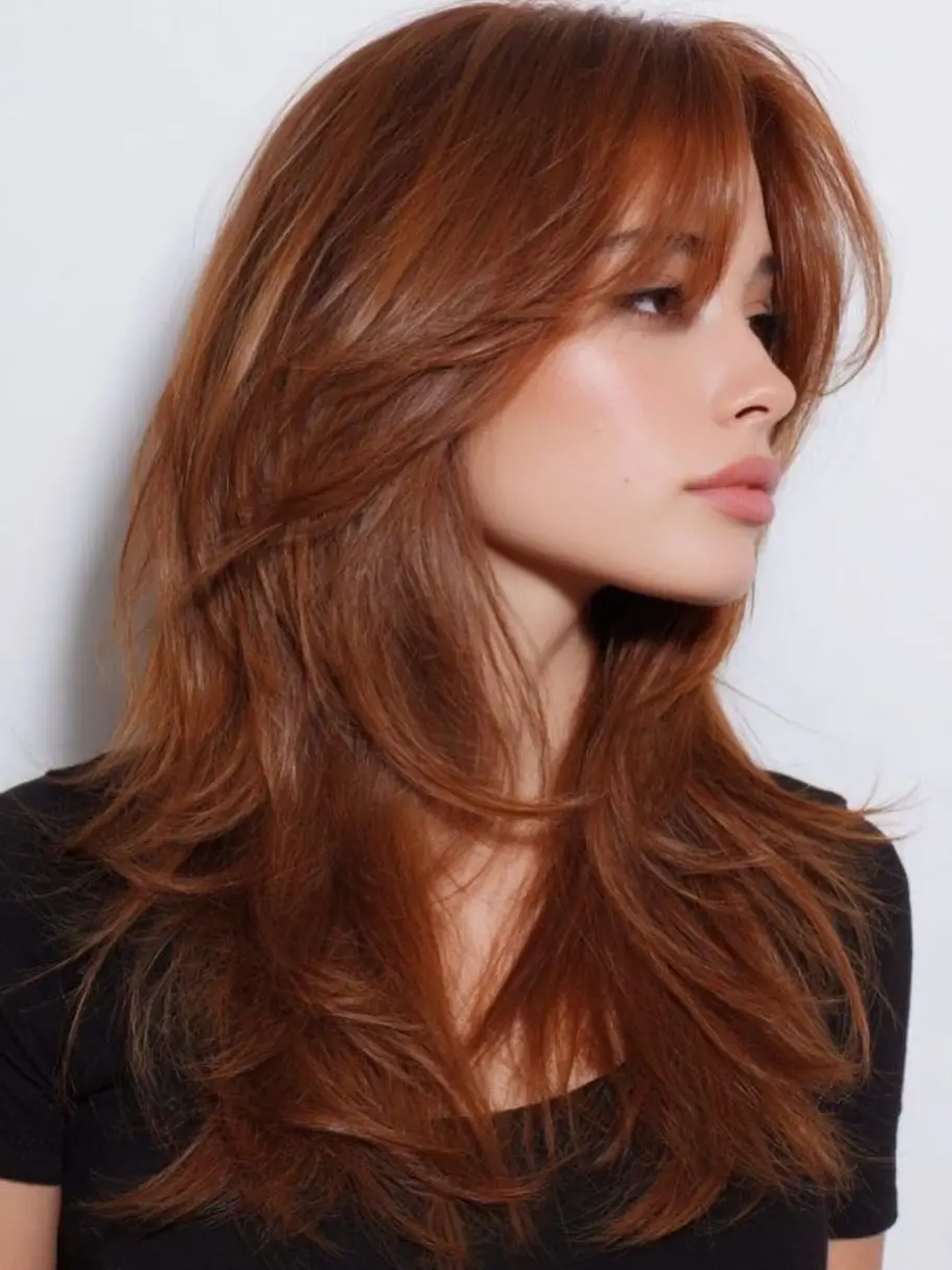 fresh summer haircut 2026 Soft Copper Layers With Wispy Bangs