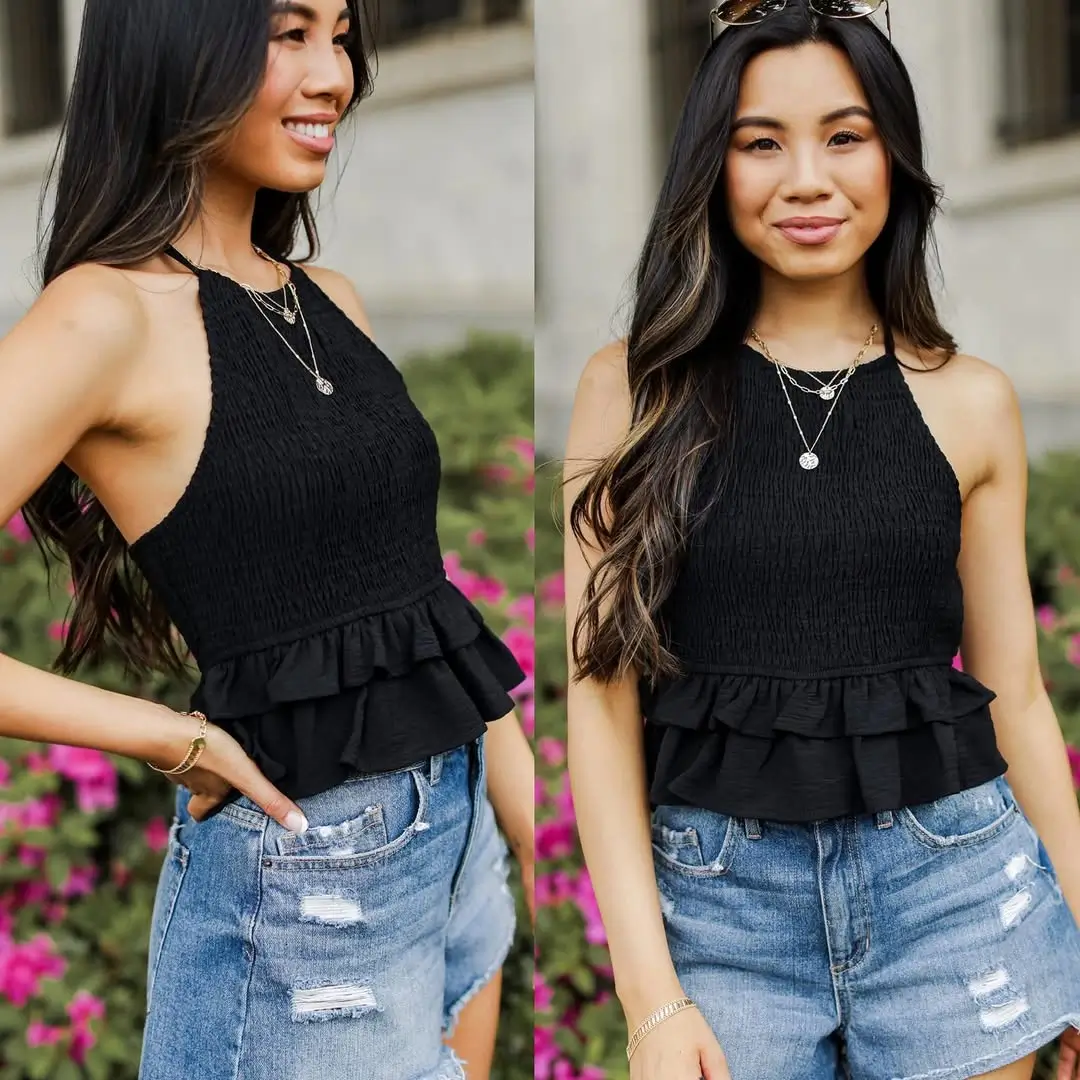 23 halter summer crop top outfits 2026 Soft Black Halter With Ruffles And Denim Ease
