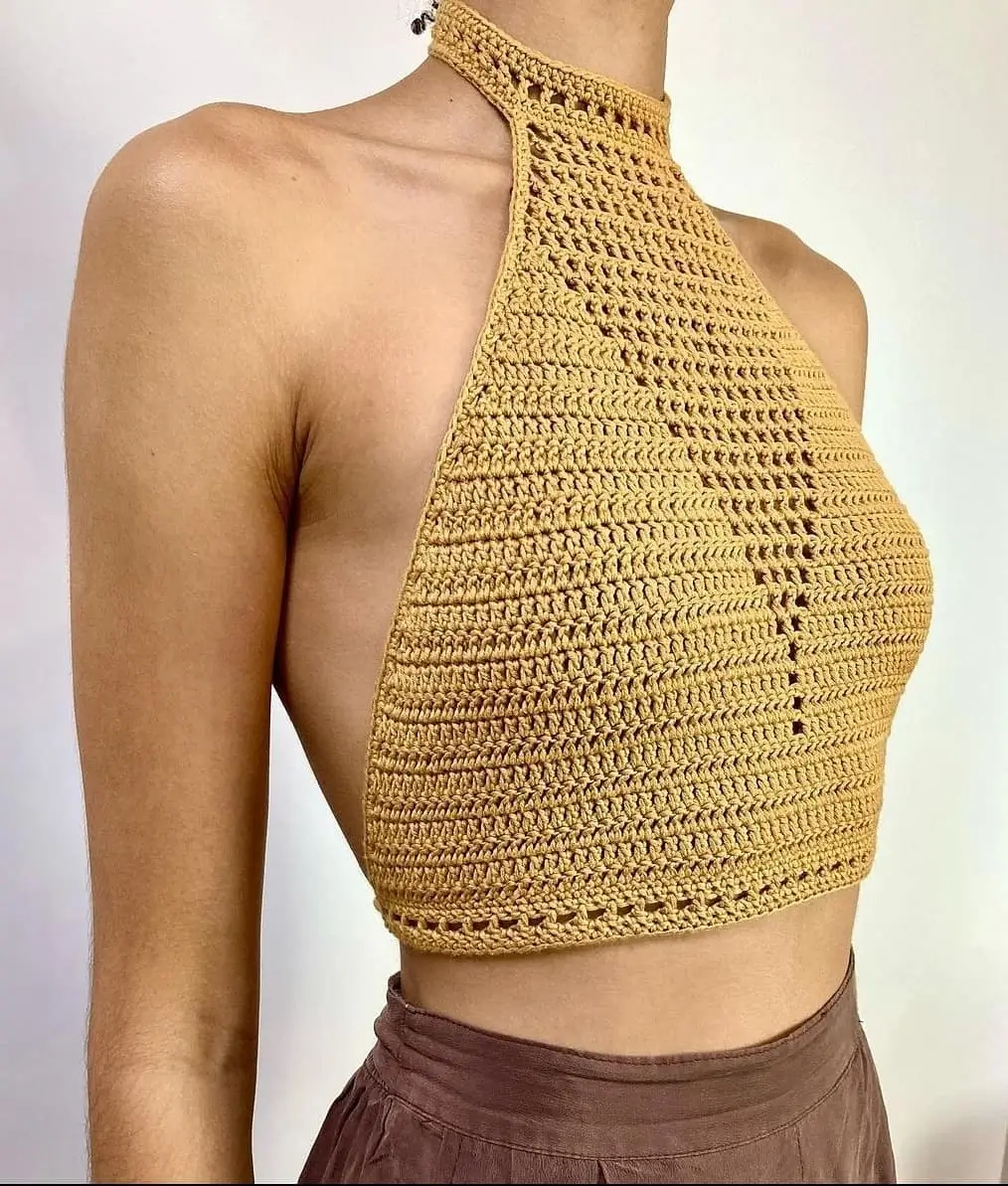 23 halter summer crop top outfits 2026 Golden Crochet Halter With Handmade Texture
