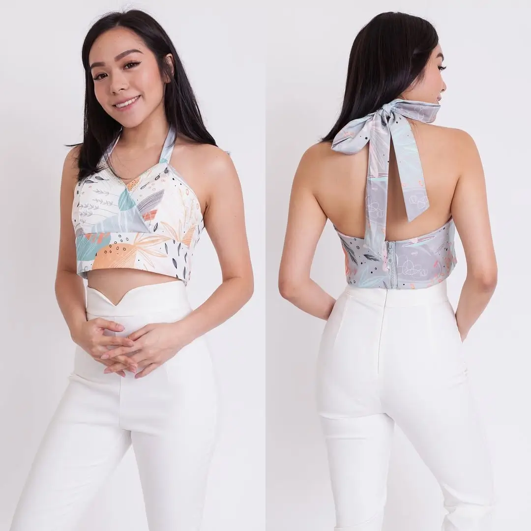 23 halter summer crop top outfits 2026 Soft Printed Halter With Tailored White Trousers