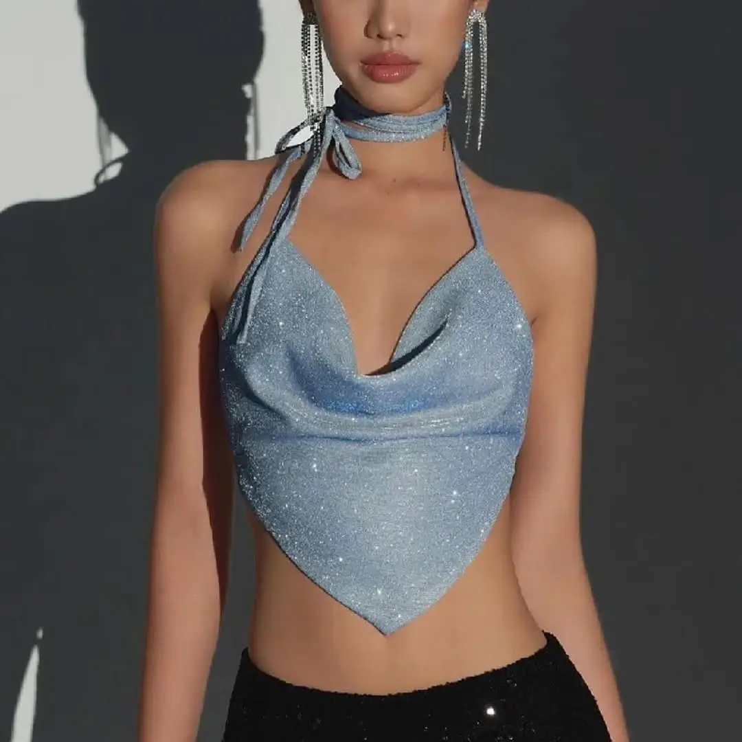 23 halter summer crop top outfits 2026 Shimmering Y2K Inspired Halter With Deep Draped Front