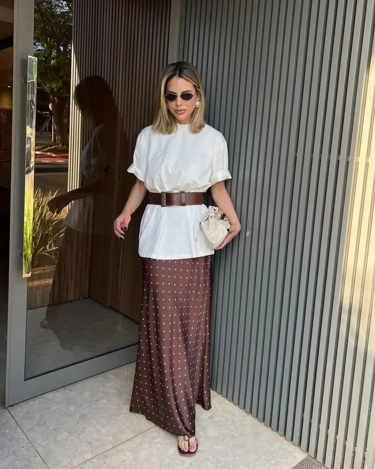maxi skirt outfits summer 2026 Polished Brown Satin Elegance With Soft White Layers