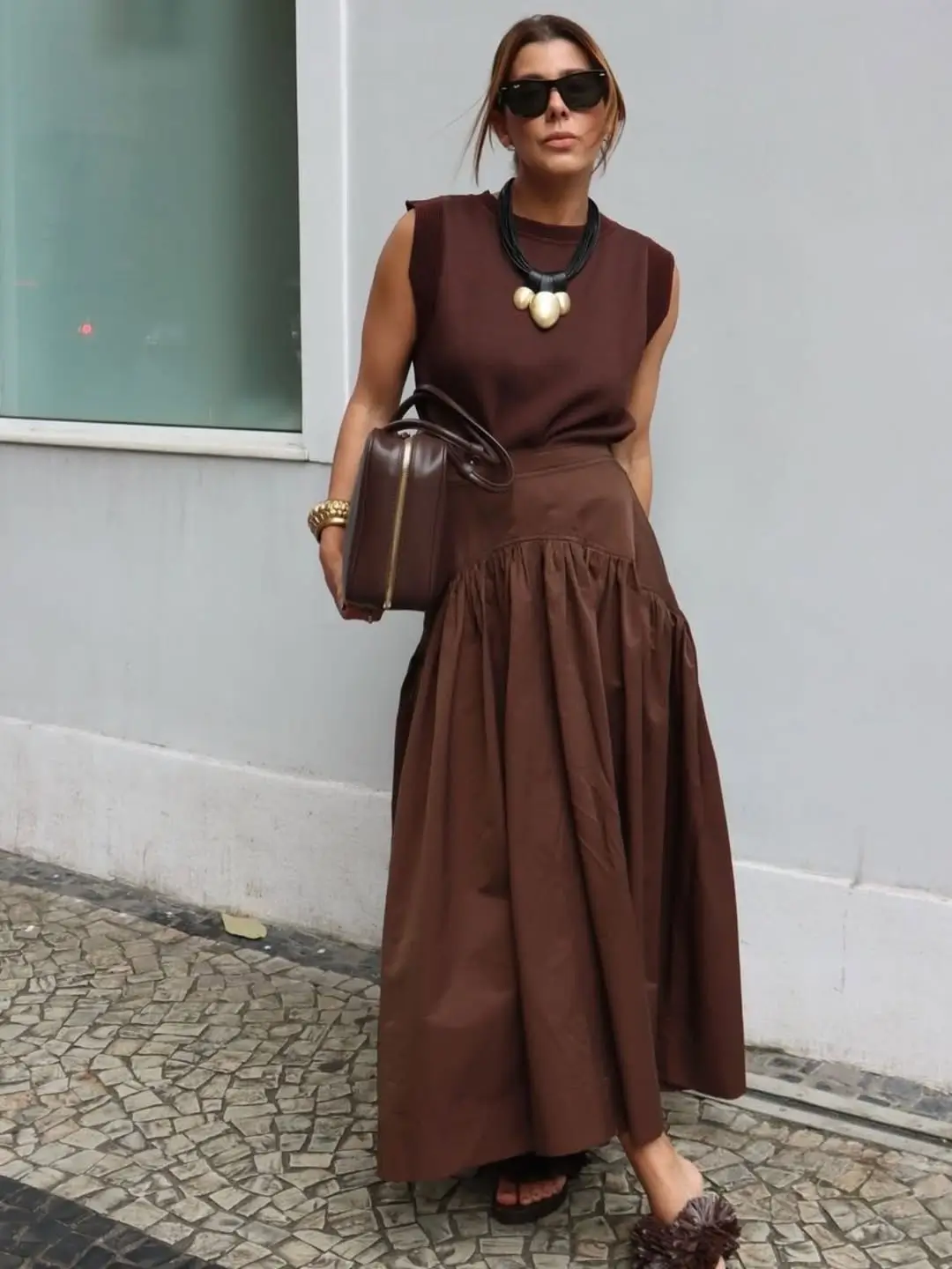 maxi skirt outfits summer 2026 Monochrome Brown Layers With Modern Structure