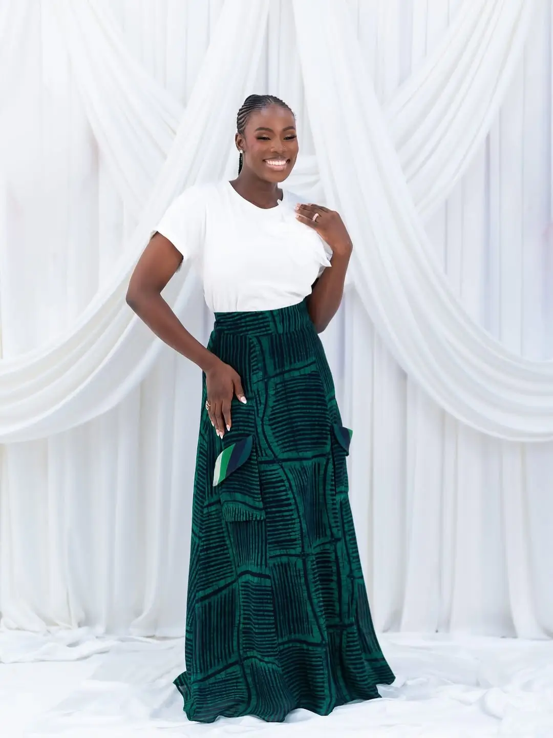 maxi skirt outfits summer 2026 Deep Green Maxi With Minimalist White Pairing