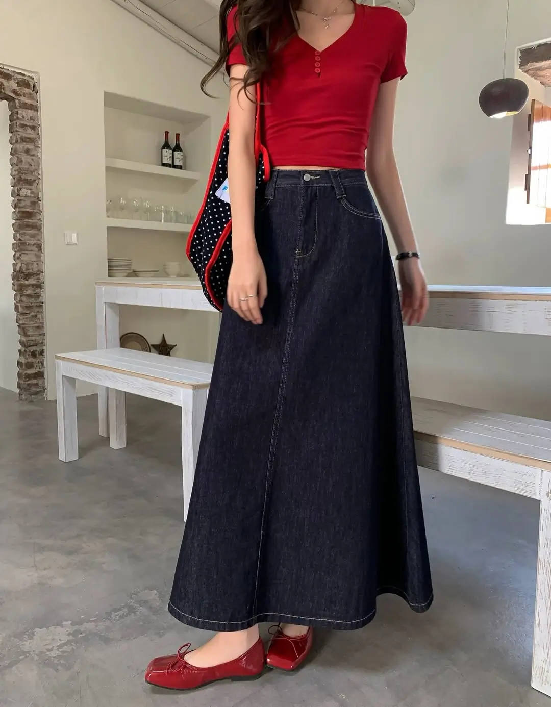 maxi skirt outfits summer 2026 Classic Jean Maxi With a Pop of Red Energy