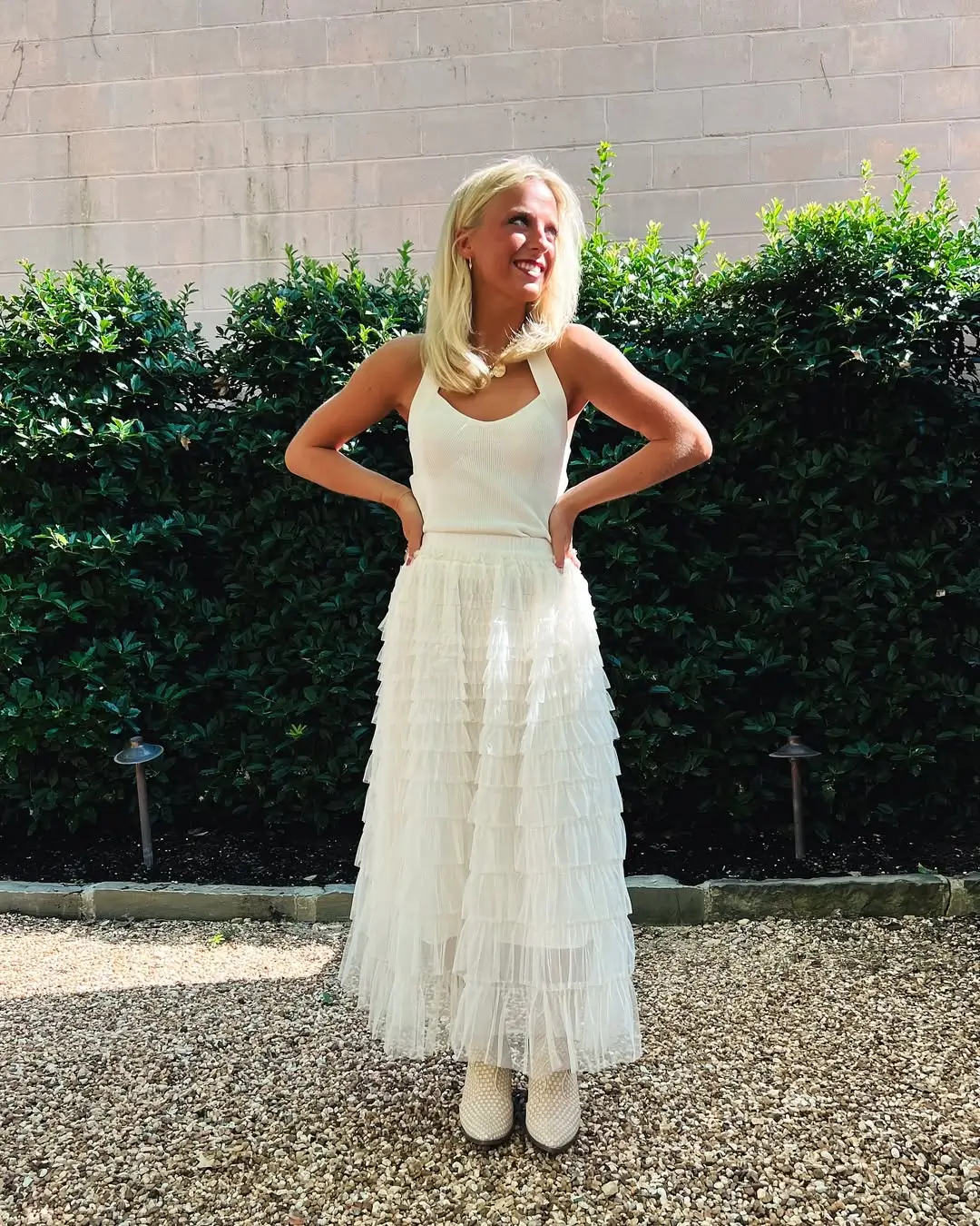 maxi skirt outfits summer 2026 Soft Beige Layers With Romantic Tiered Volume