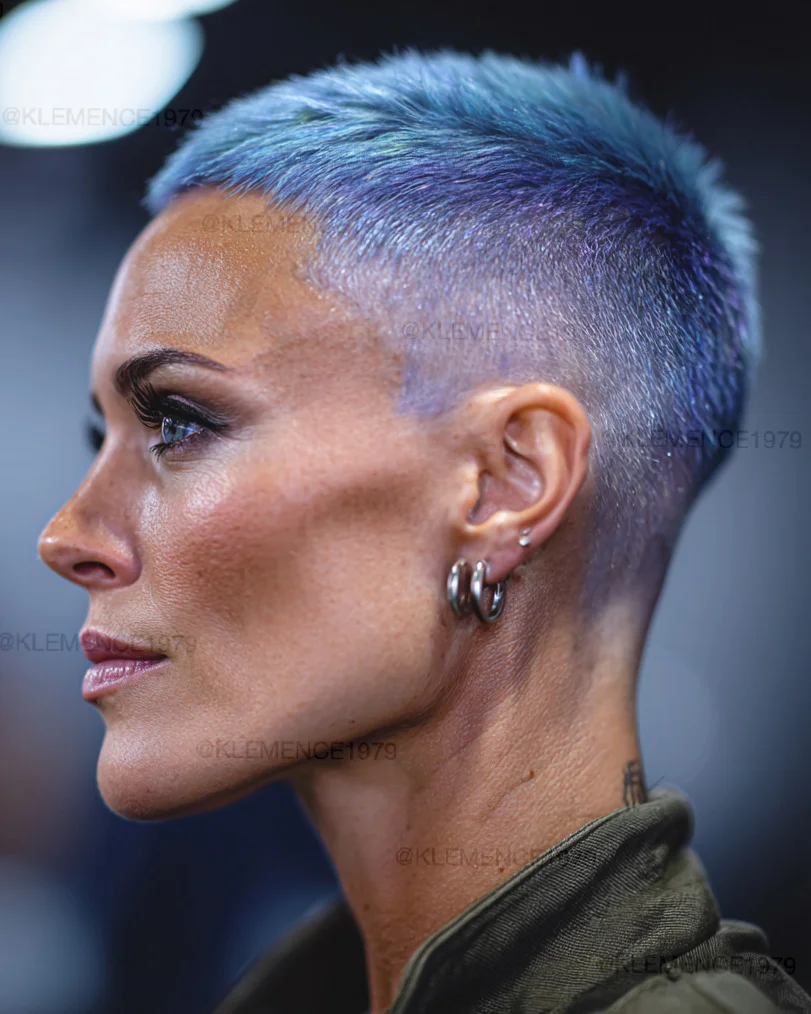 modern summer haircuts for women over 40 2026 Electric Buzz Cut With Iridescent Color