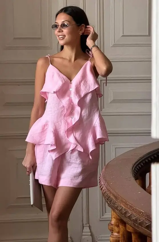 25 outfit inspo for women summer 2026 Soft Linen Pink Set for Effortless Summer Days