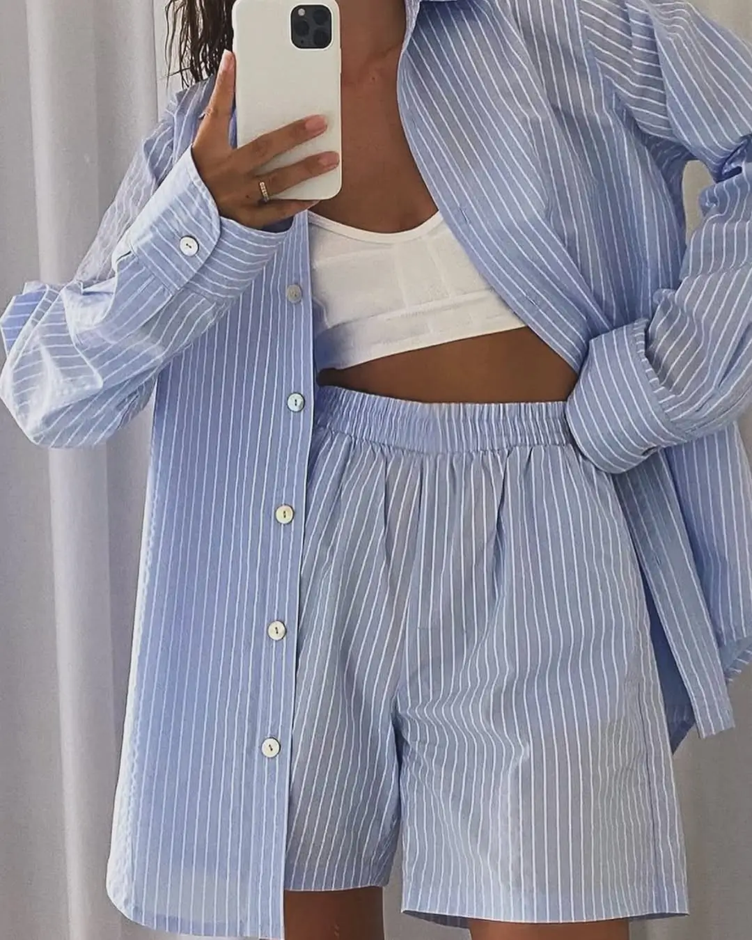 25 oversized summer outfit 2026 Striped oversized shirt set that feels like quiet luxury at home