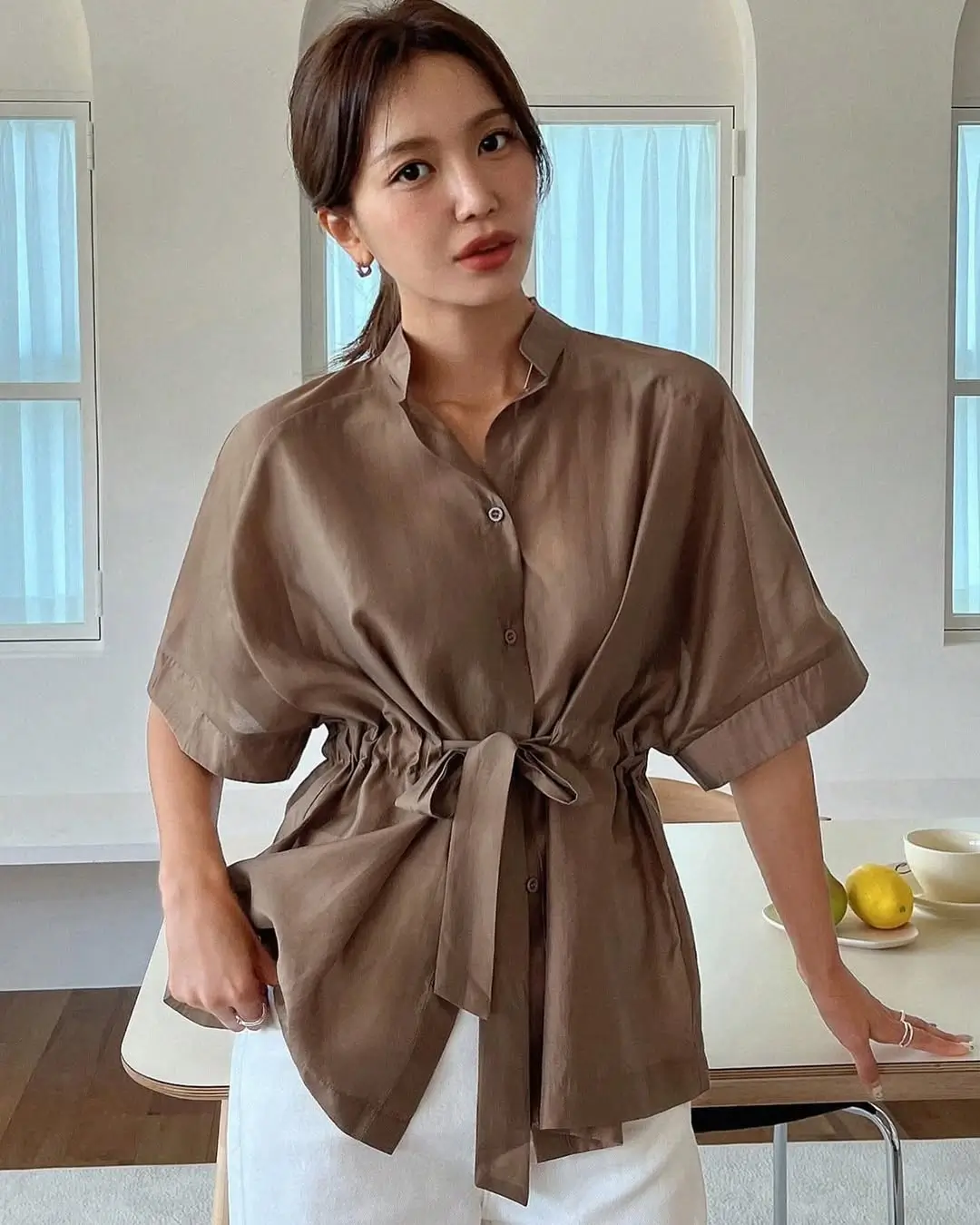 25 summer business casual outfit 2026 soft draped blouse with modern cinched detailing