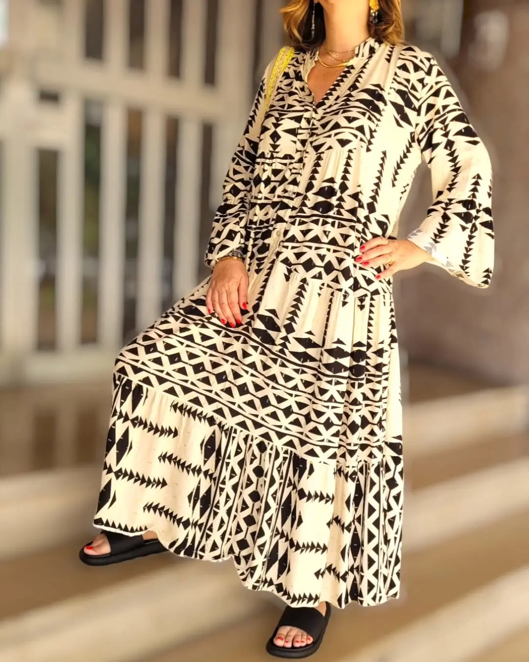 summer clothes essentials 2026 Graphic Maxi Dress with Bold Monochrome Energy