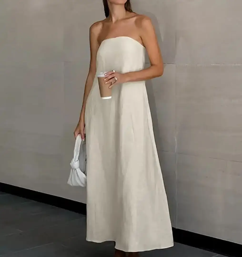 24 summer linen outfits 2026 Strapless Linen Dress That Feels Like Quiet Luxury