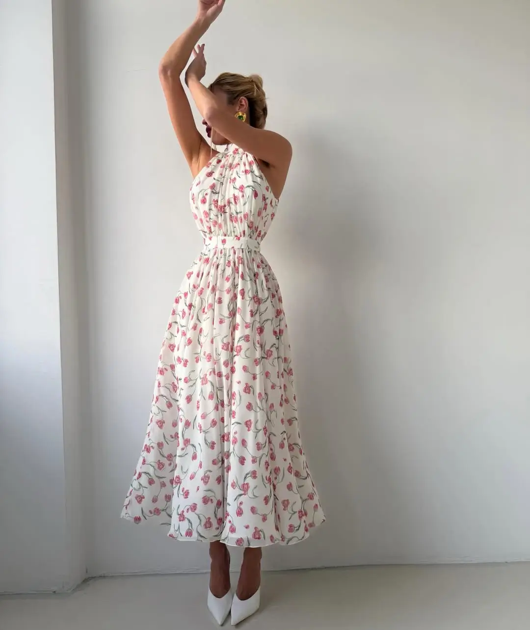 25 summer sundresses 2026 Floral Halter Maxi with Soft Italian Influence