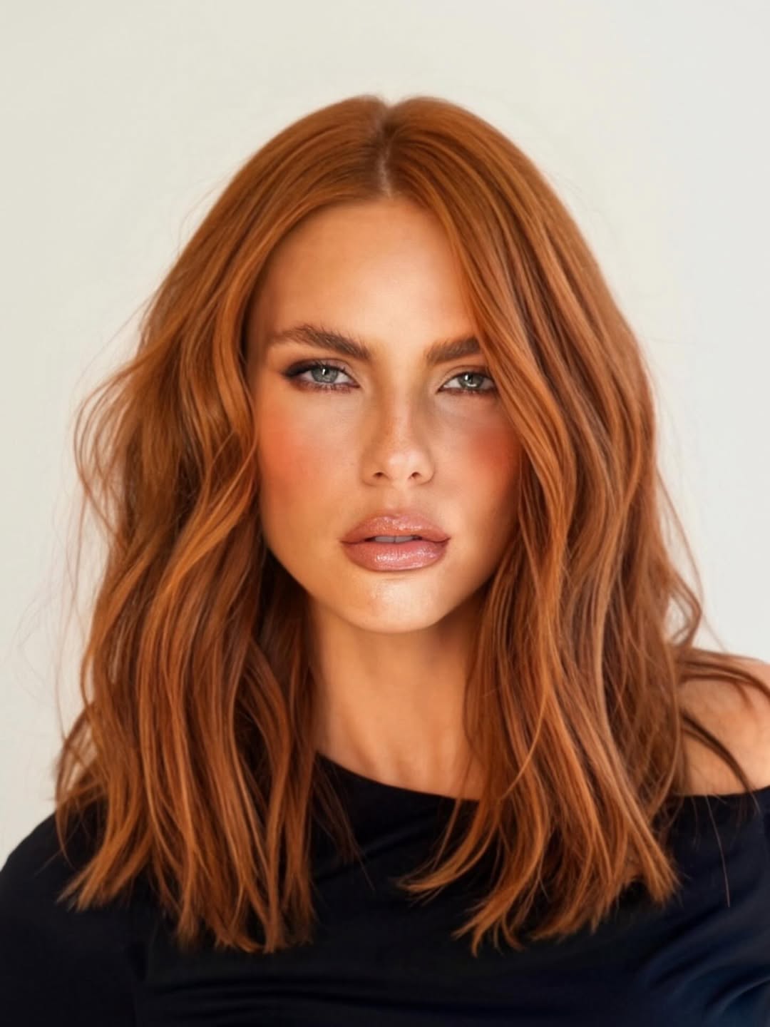 textured summer haircuts for medium hair 2026 Warm Copper Layered Length with Soft Waves