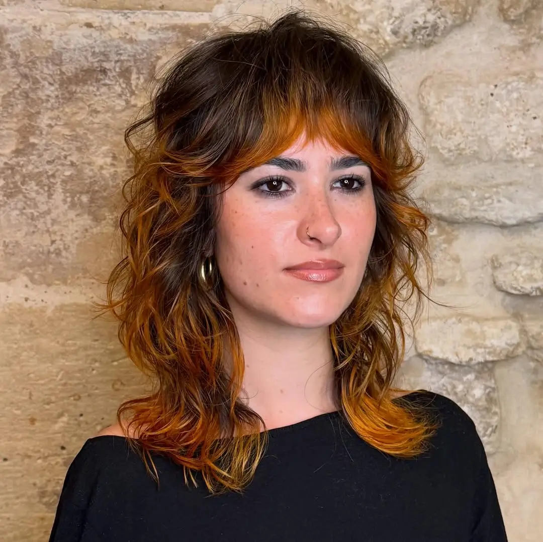 textured summer shag haircut 2026 Burnt Copper Medium Shag With Statement Fringe