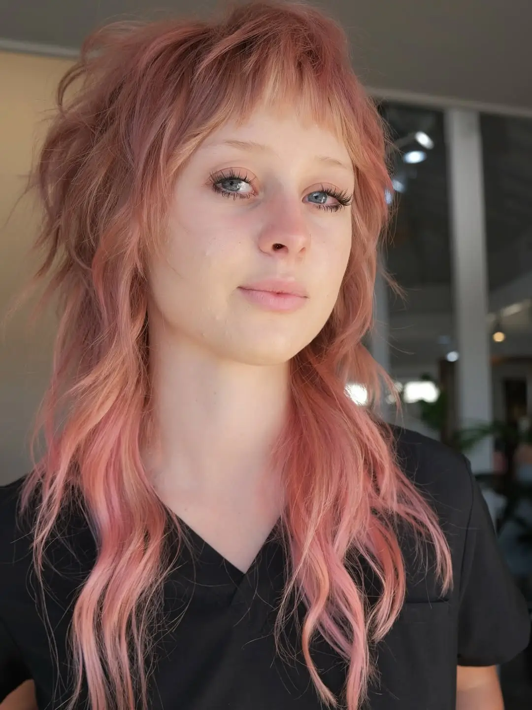 textured summer shag haircut 2026 Peachy Long Shag With Micro Bangs Energy