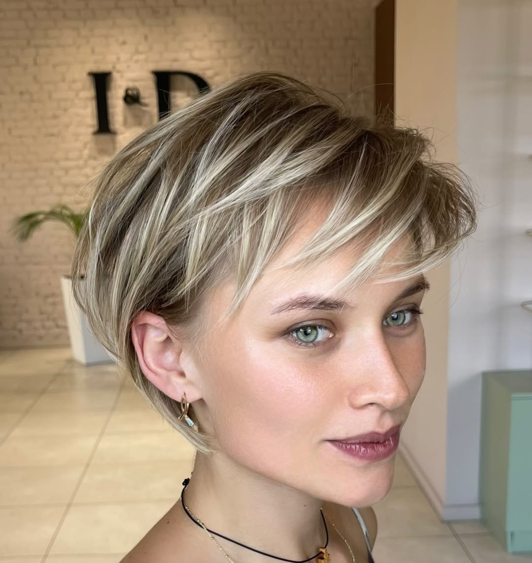 textured summer short haircuts 2026 Soft Feathered Pixie Bob With Light Blonde Highlights