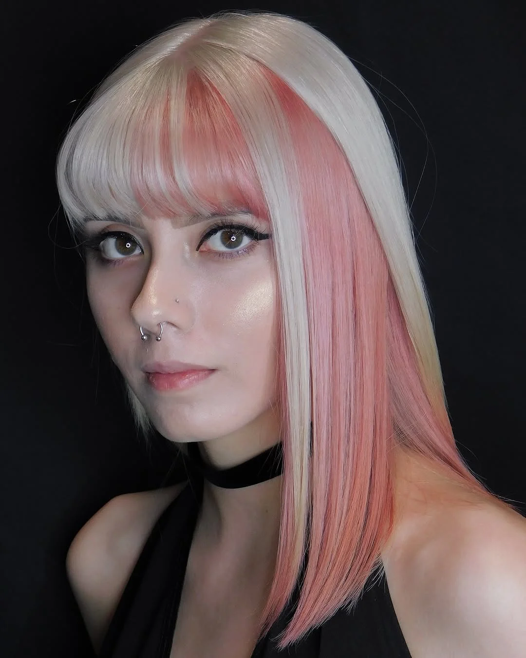trendy summer hair color ideas 2026 Split Vanilla And Blush Hair With Graphic Contrast
