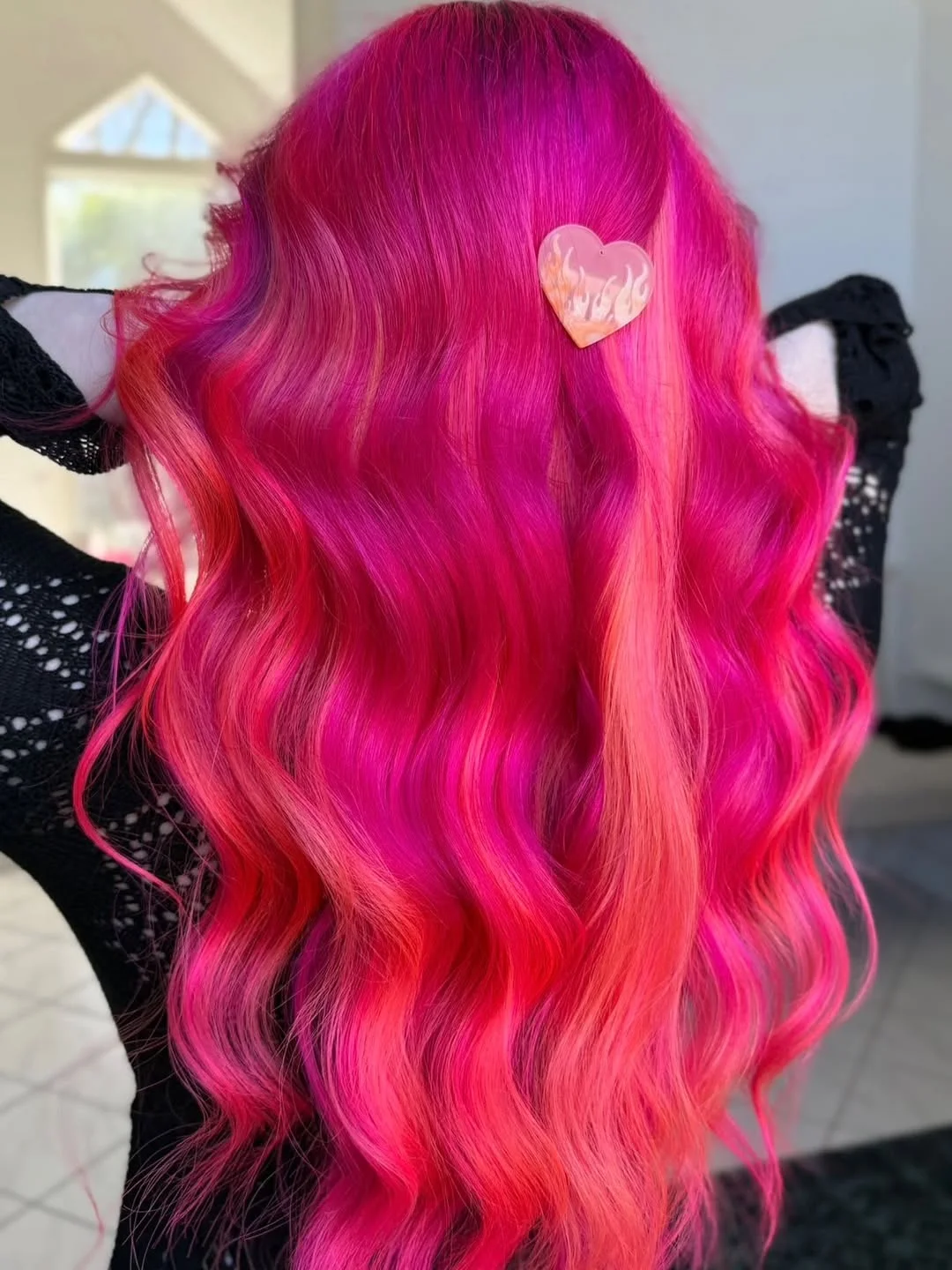 trendy summer hair color ideas 2026 Hot Pink Velvet Waves With Peachy Ribbon Highlights