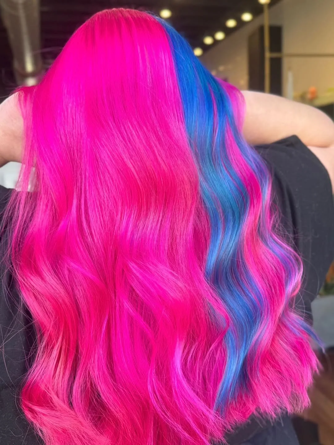 trendy summer hair color ideas 2026 Electric Pink Fusion Hair With Ocean Blue Ribbons