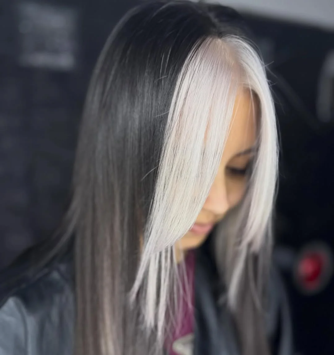 warm summer hair color ideas for brunettes 2026 Bold Silver Money Piece On Smoky Brunette Lengths
