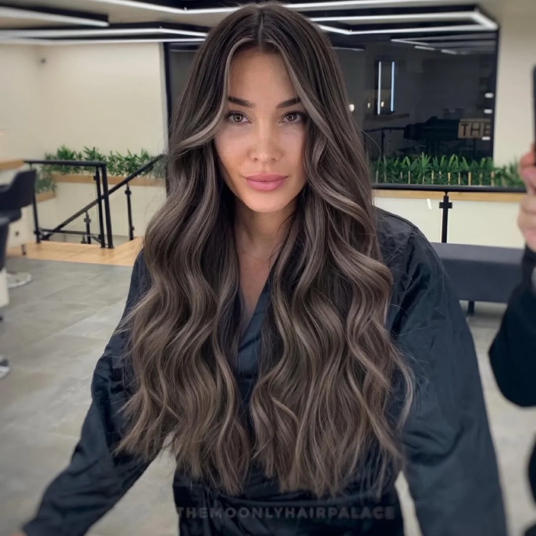 warm summer hair color ideas for brunettes 2026 Smoky Mushroom Brunette With Seamless Cool Balayage