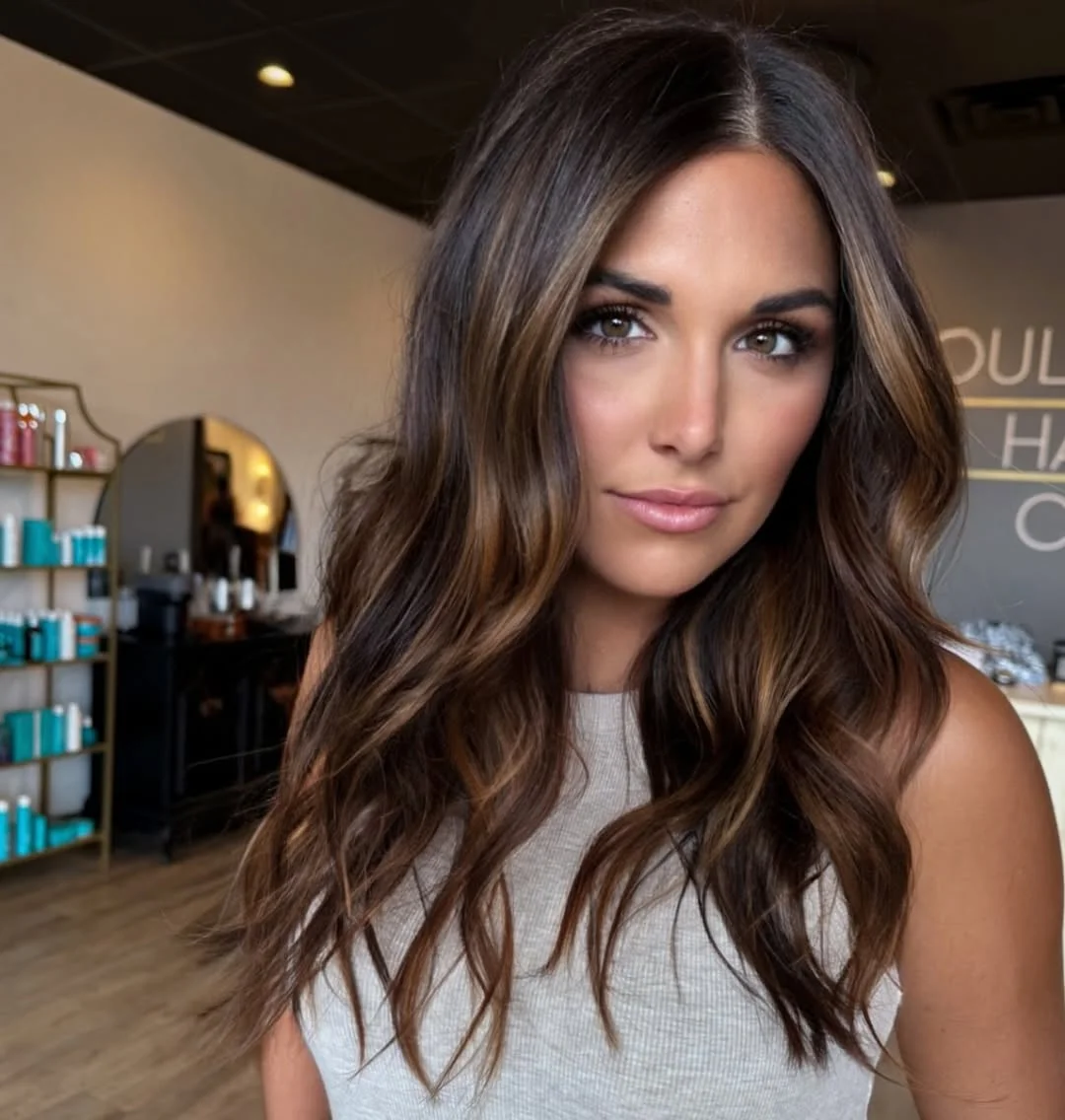 warm summer hair color ideas for brunettes 2026 Golden Mocha Brunette With Soft Caramel Movement