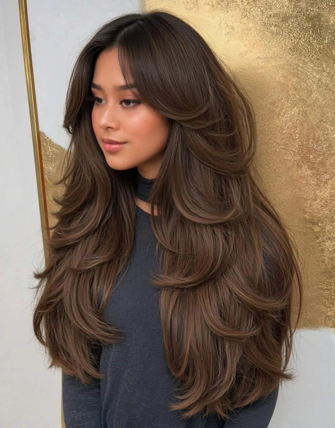 warm summer hair color ideas for brunettes 2026 Soft Walnut Brunette With Airy Butterfly Layers