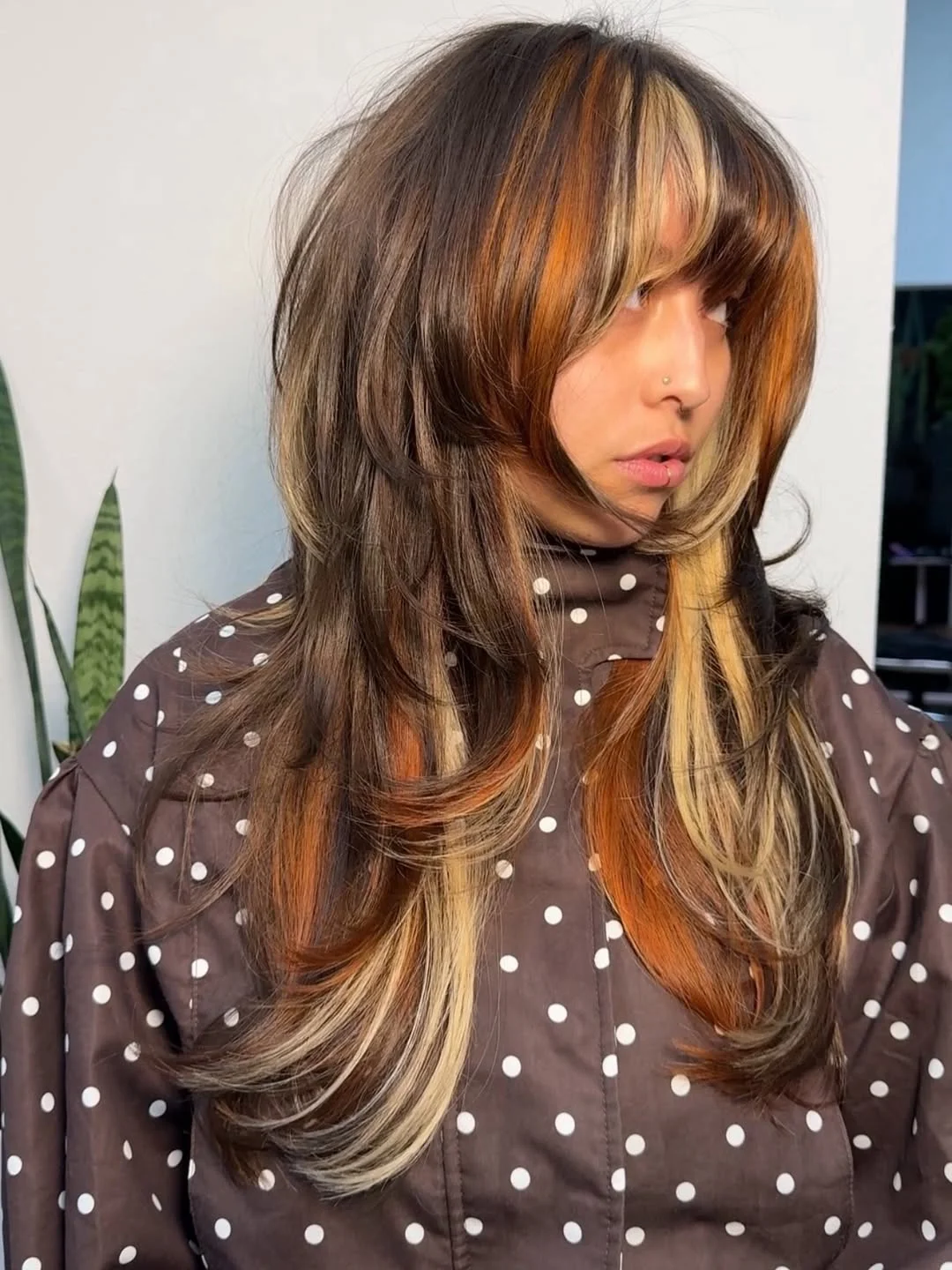 warm summer hair color ideas for brunettes 2026 Chunky Blonde And Copper Panels On Layered Brunette Hair