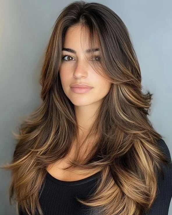warm summer hair color ideas for brunettes 2026 Layered Mocha Brunette With Honey Ribbon Dimension